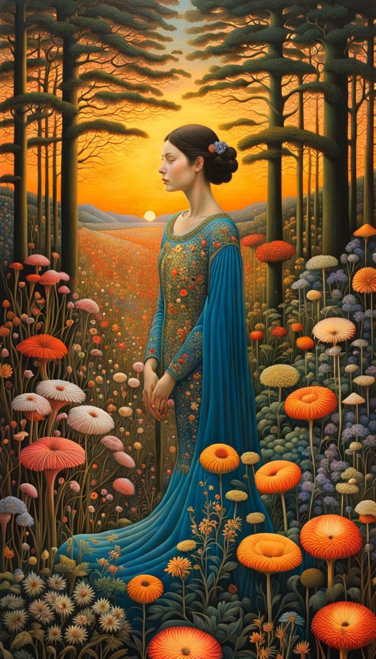 Sunset Woman in Surreal Flower Forest