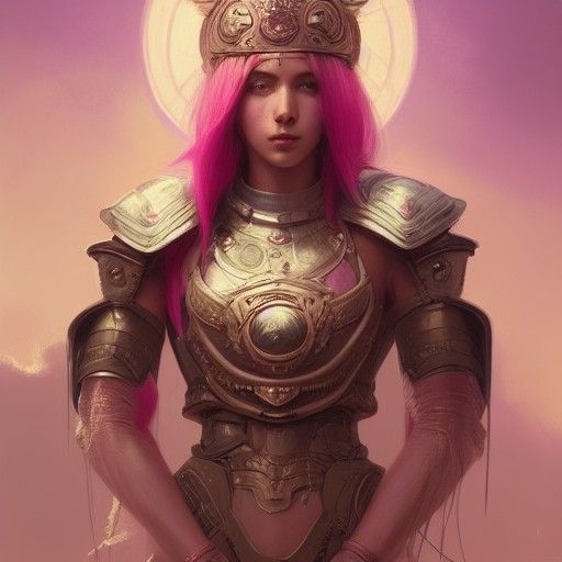 Pink-Haired Priestess in Armor: Hyperdetailed Portrait