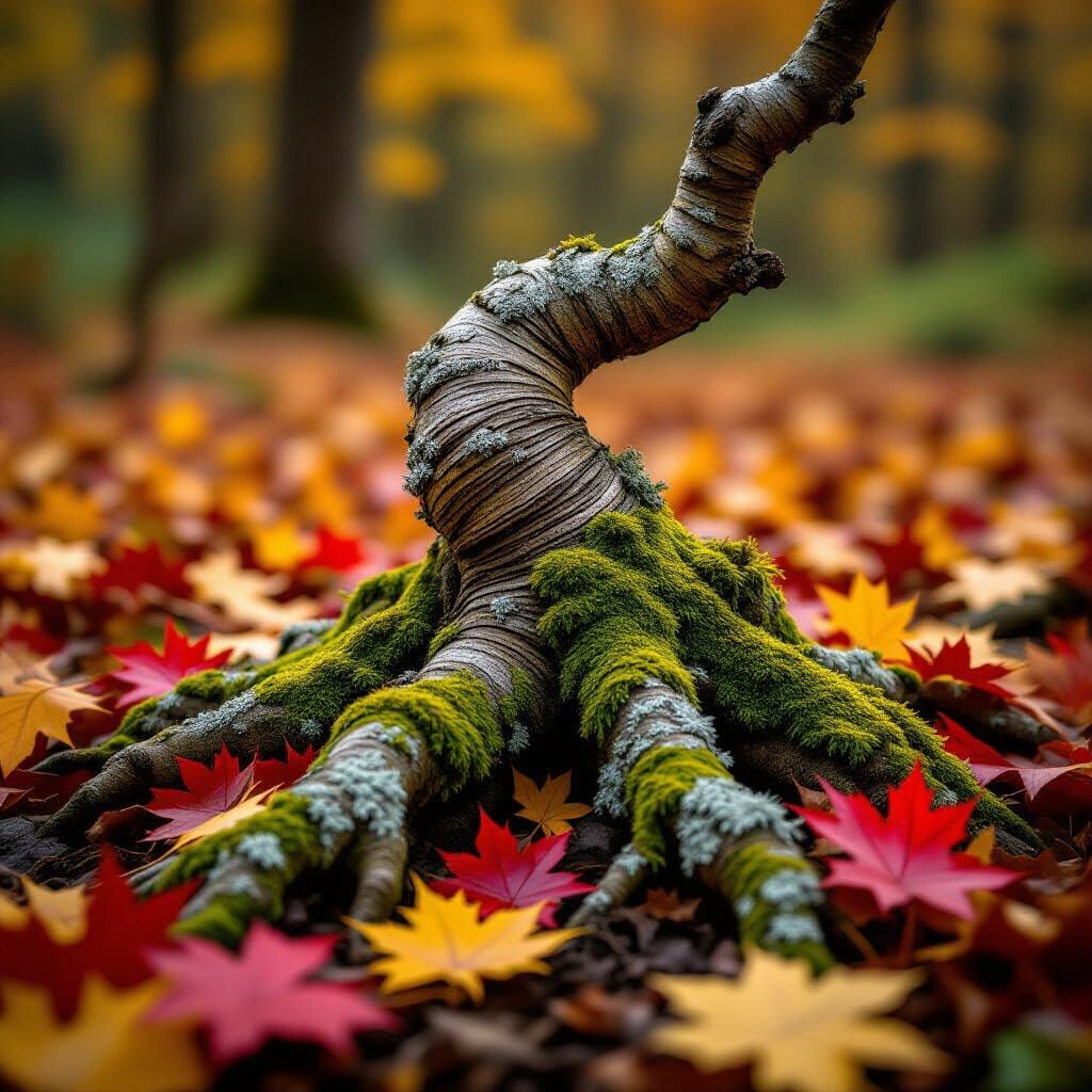 Intricate Root with Moss Among Autumn Leaves