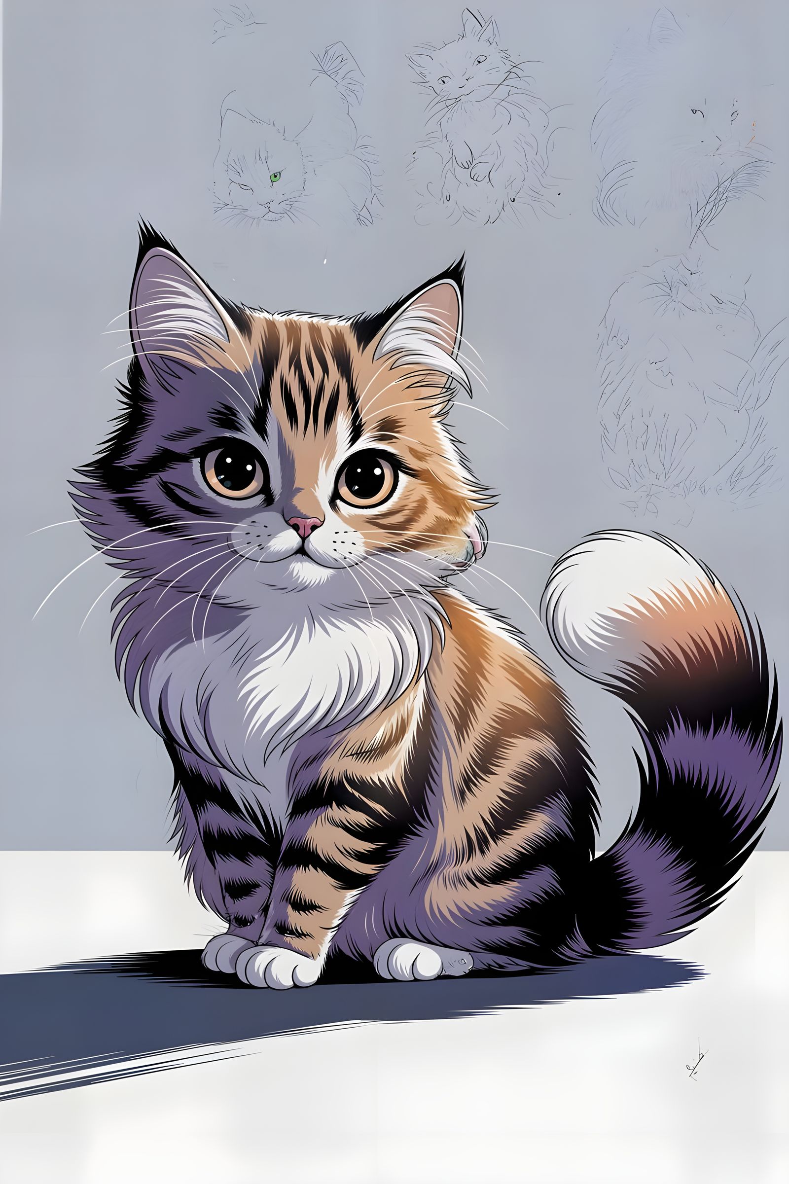 Vibrant Chibi Anime Cat Minimalist Illustration