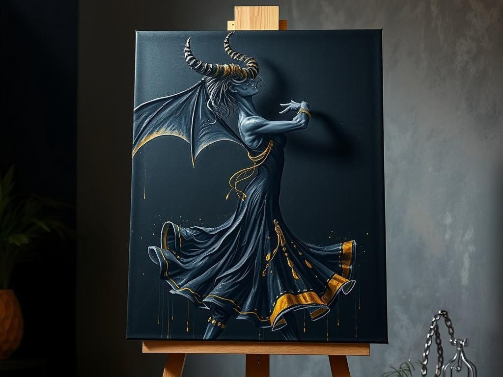 Dancing Demon Woman in Black and Gold Dress