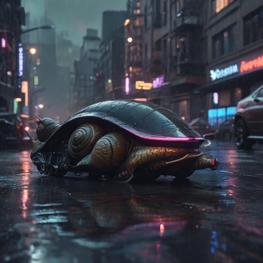 Snail Car in Cyberpunk Neo-Noir Cityscape