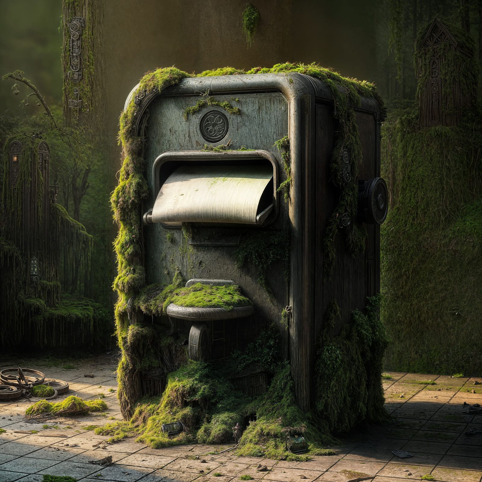 Forgotten Paper Dispenser Reclaimed by Nature