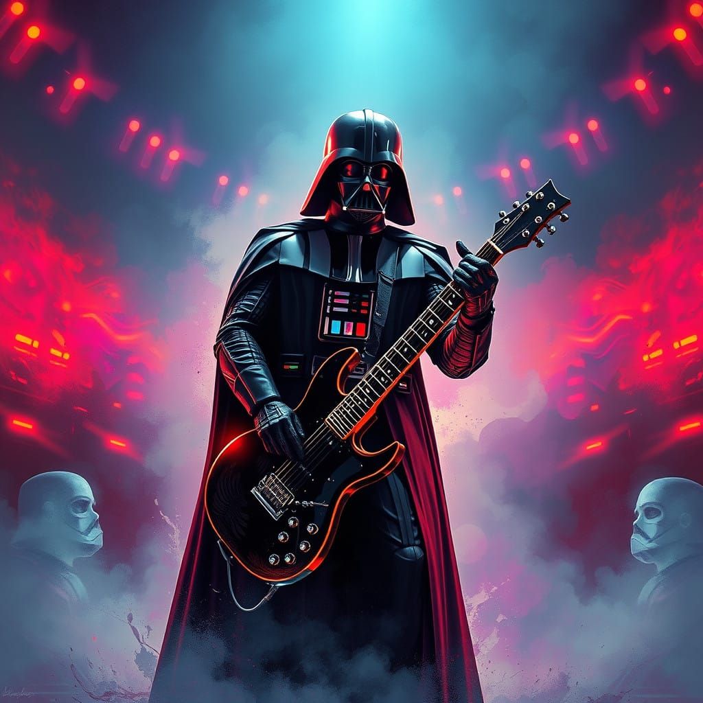 Epic Darth Vader Rockstar Shredding on Neon Lightsaber Guita...