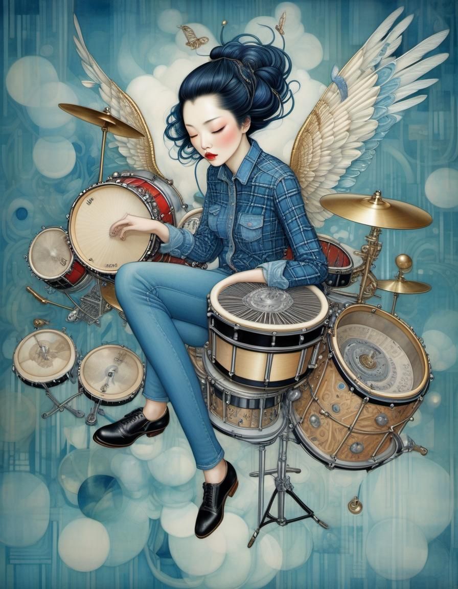 Surreal Flying Drums in Mixed Media Style