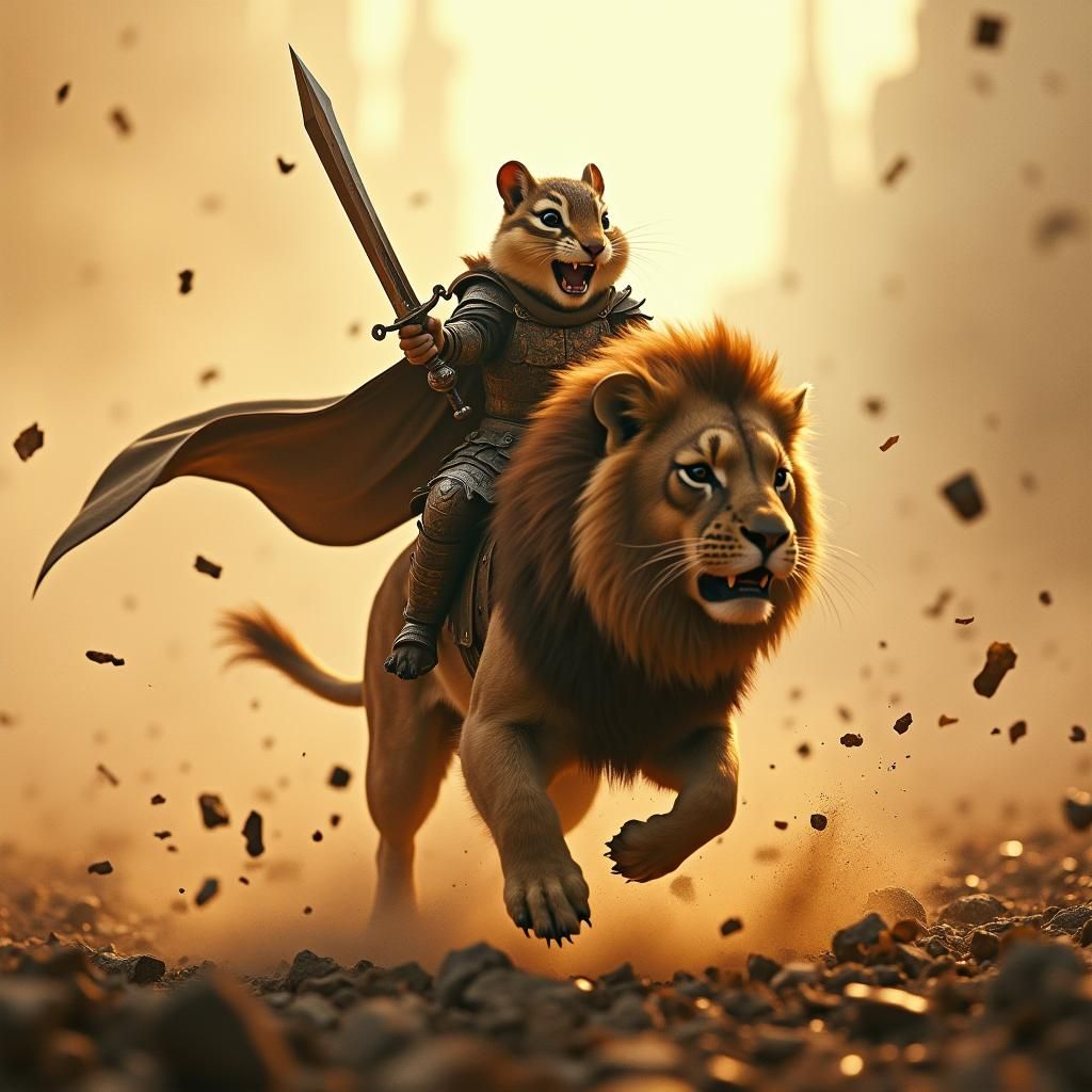 Chipmunk Warrior Rides Lion into Battle: Cinematic Realism