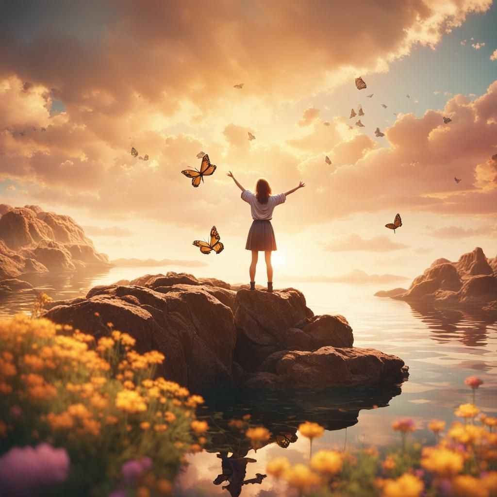 Anime Woman Reaching for the Sky at Sunset