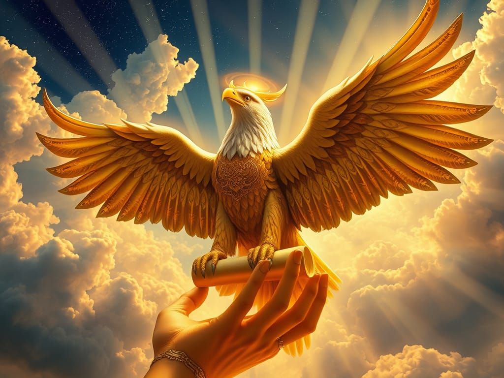 Majestic Eagle Guided by Golden Hands in Ethereal Sky
