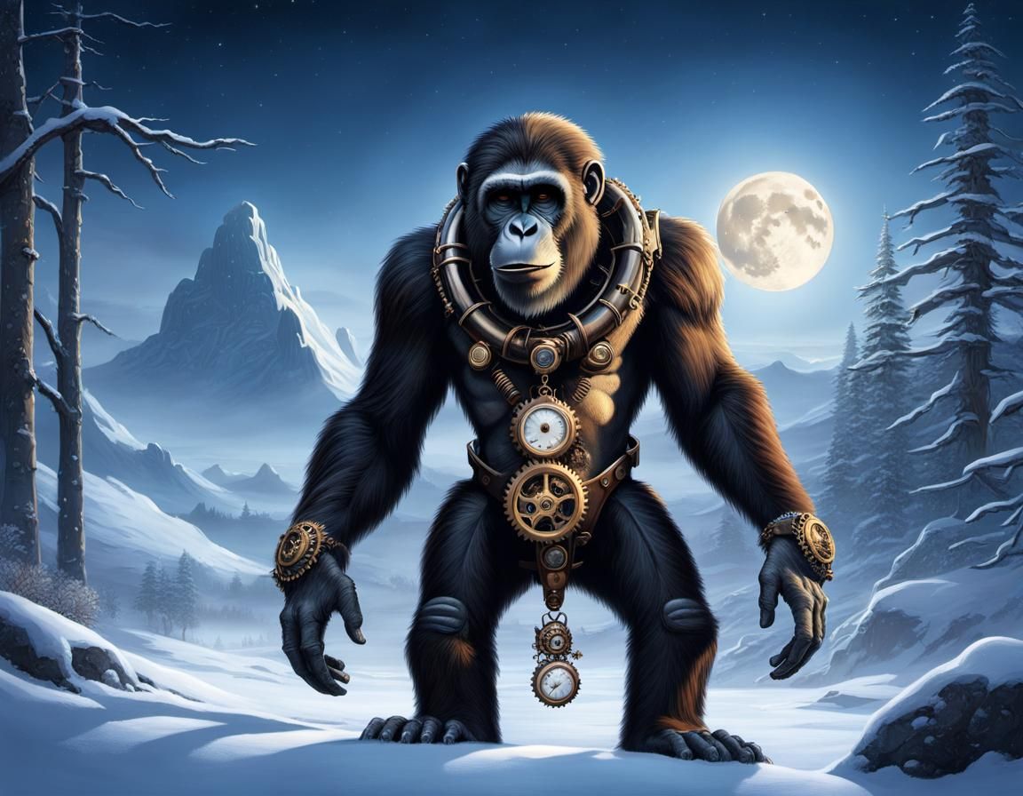 Steampunk Australopithecus in Snow-Covered Landscape