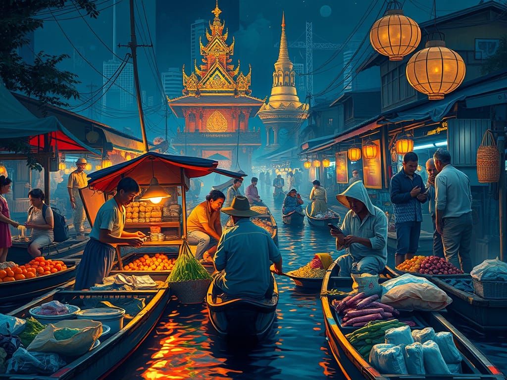 Vibrant Bangkok Floating Market at Night