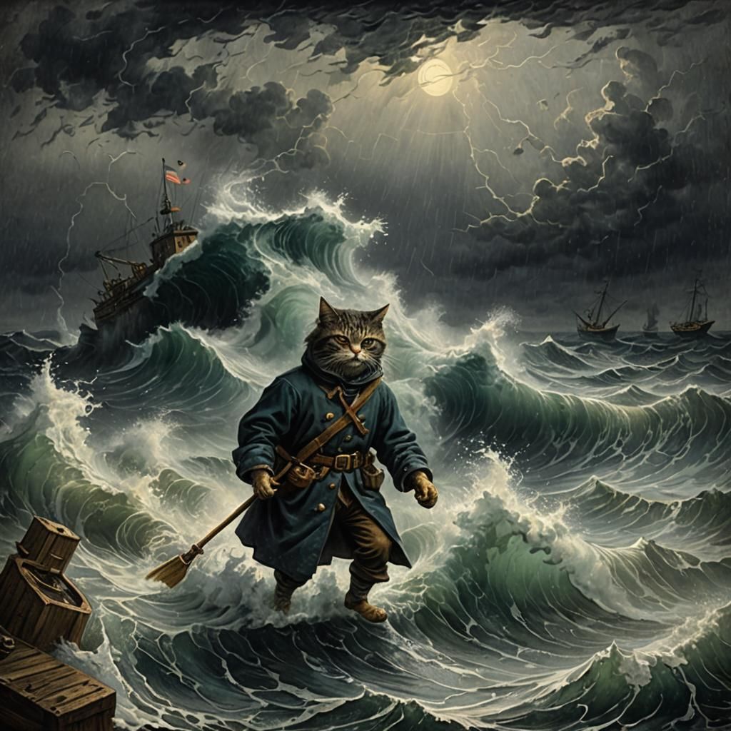 Bering Sea Fisherman Cat in Storm, Gothic Horror Style