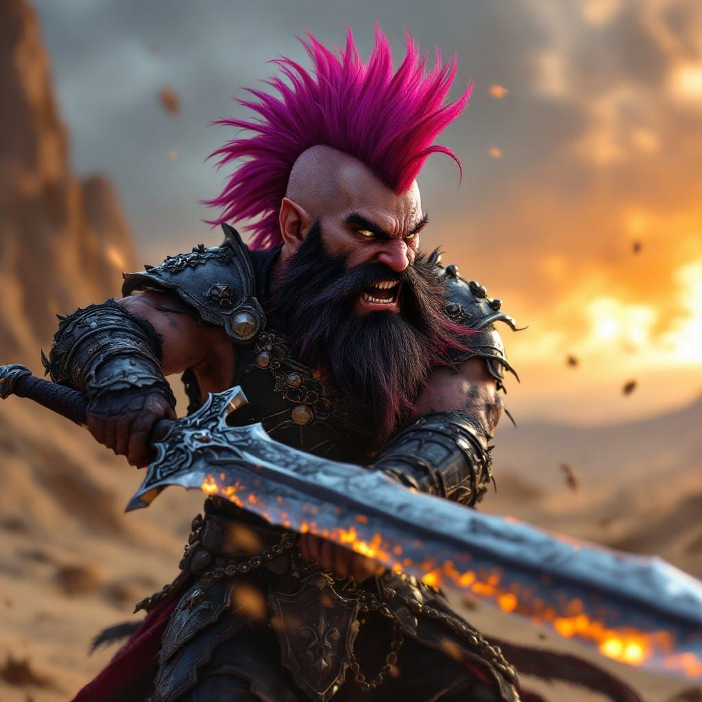 Furious Gnome Warrior in a Black Sand Desert