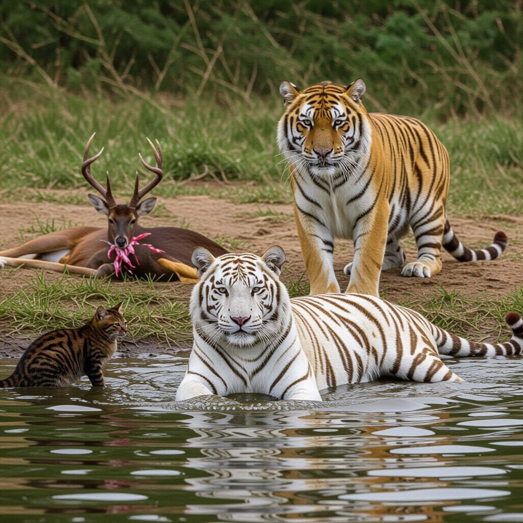 White Tiger Plays with Cats and Snake