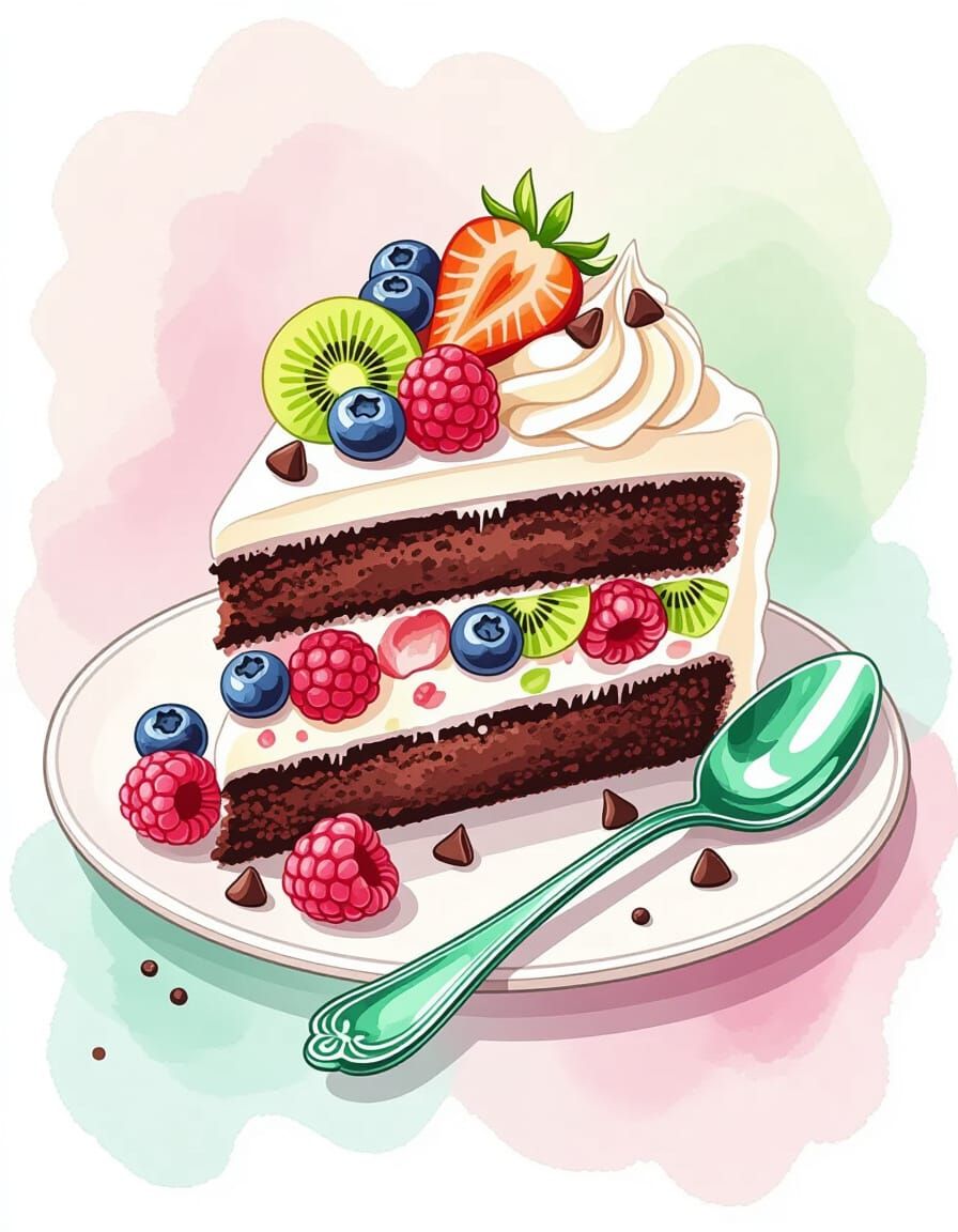 Whimsical Watercolor Cake Slice with Berries and Cream