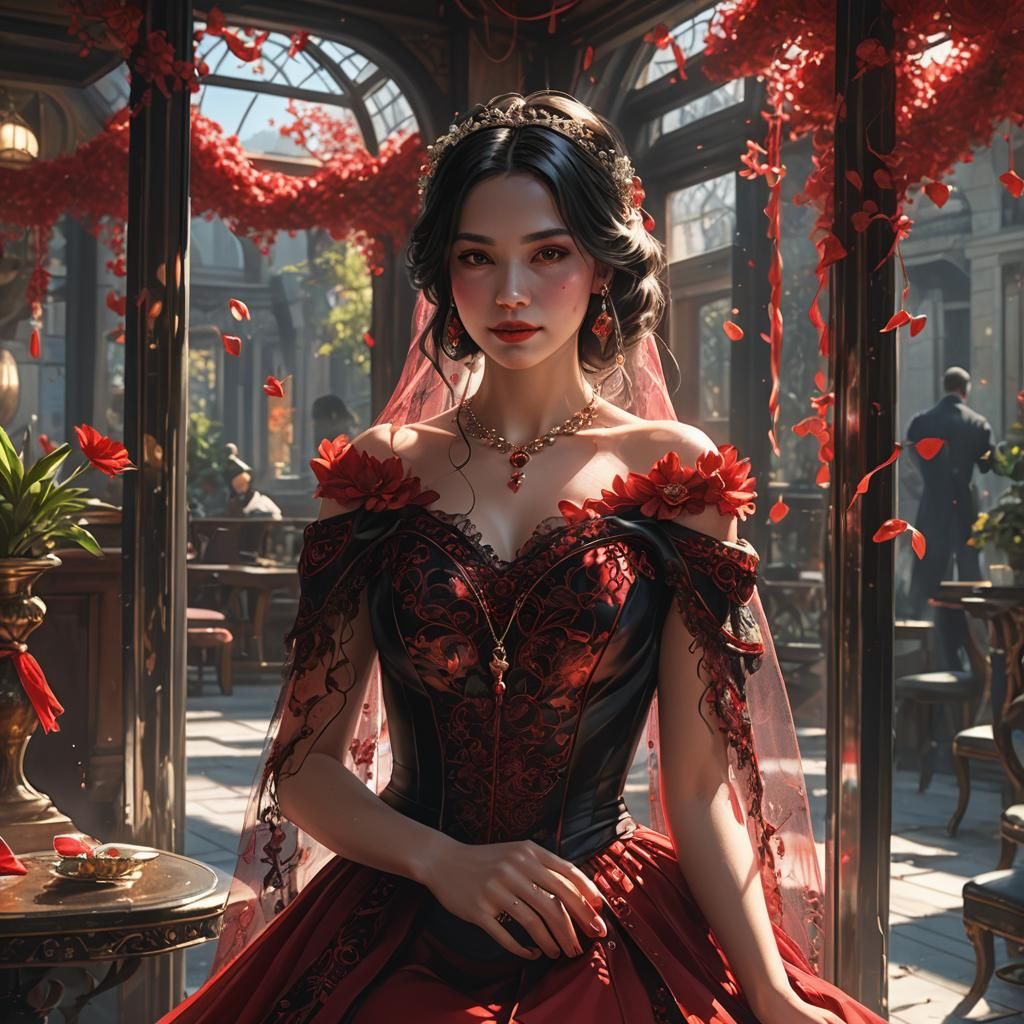 Woman with Veil, Red Dress, in Dark Fantasy Style