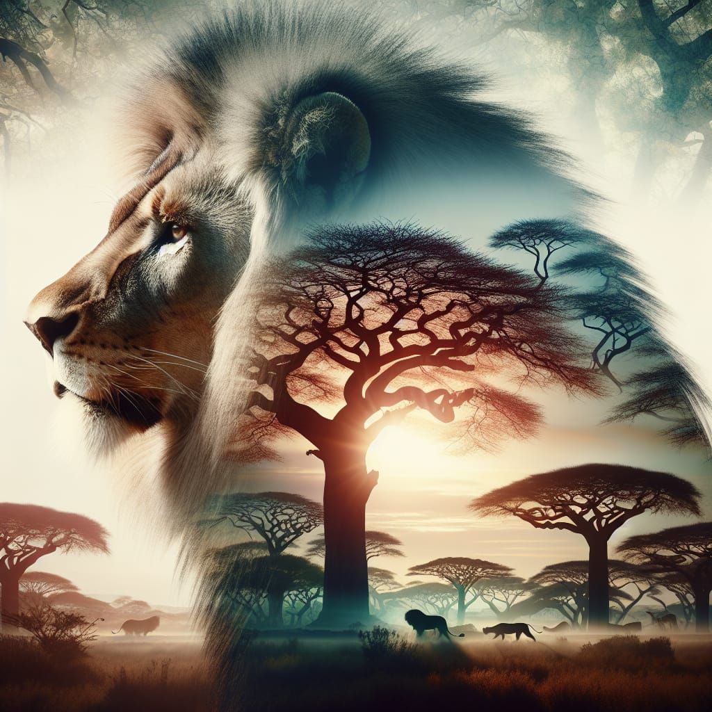 Lion Pride Double Exposure: African Savanna Stained Glass