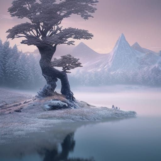 Winter Lake Island Landscape: Digital Matte Painting