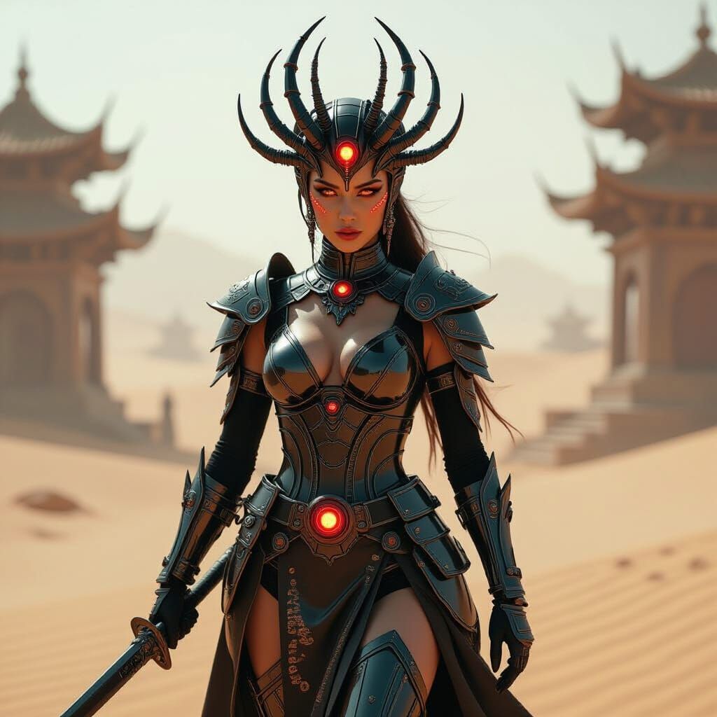 Biomechanical Scorpion Queen in Techno-Desert Shrine
