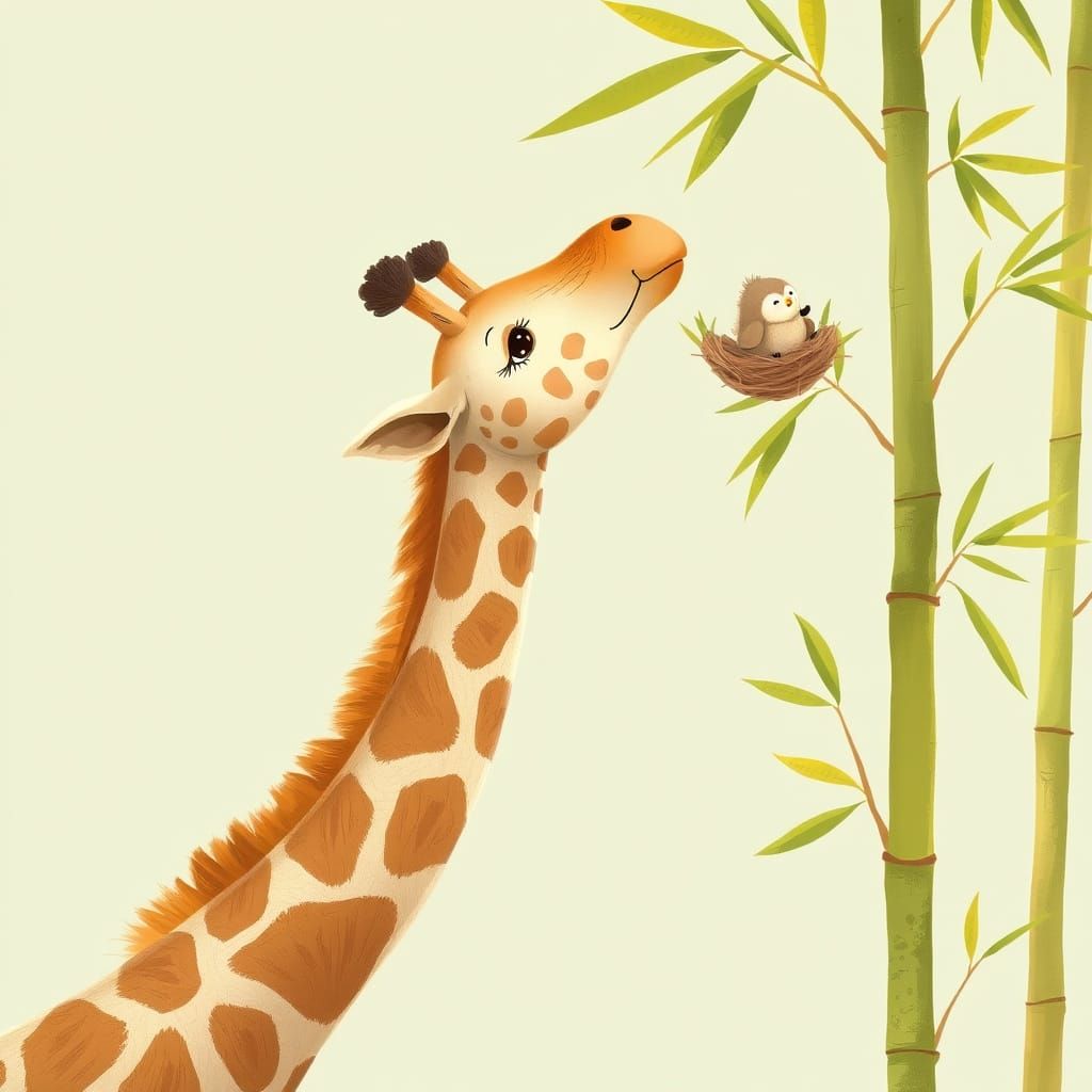 Giraffe Eats Bamboo, Interacts with Bird in Whimsical Style