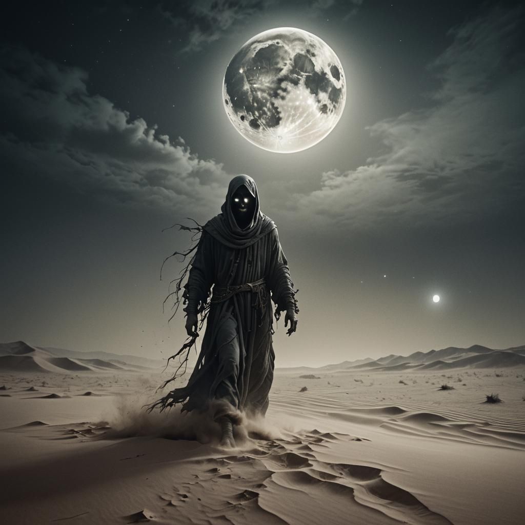 Ethereal Spirit Rising in Moonlit Desert: Dark Fantasy