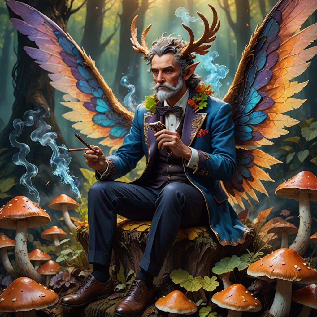 Surreal Winged Elf Smokes Cigar Amidst Vibrant Fungi