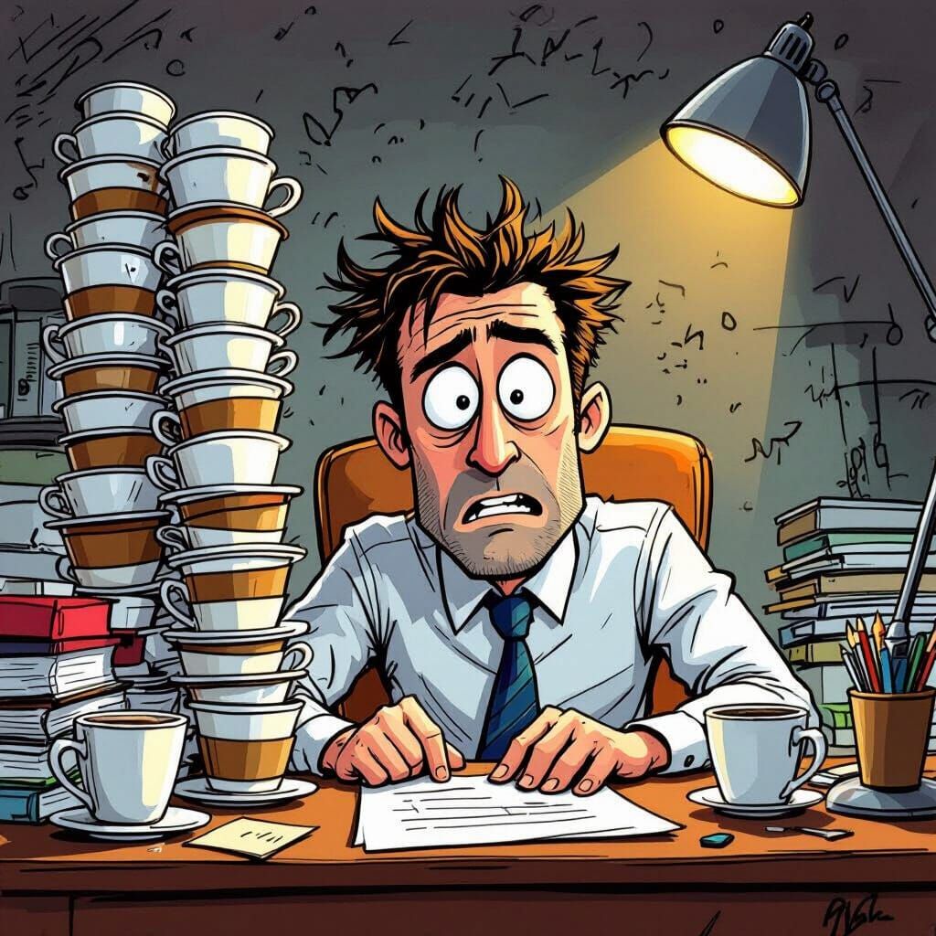 Frazzled Man With 20 Coffee Cups, Cartoon Style