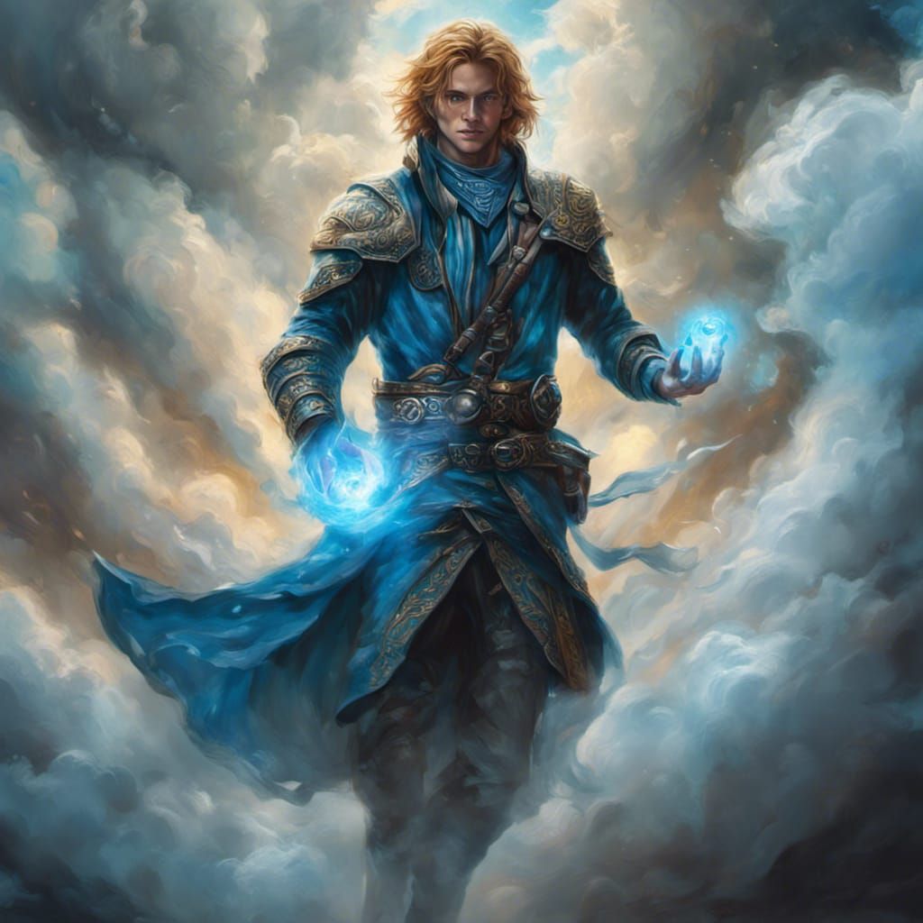 Jace Beleren Navigates Mana Cloud in Hyperrealistic Style