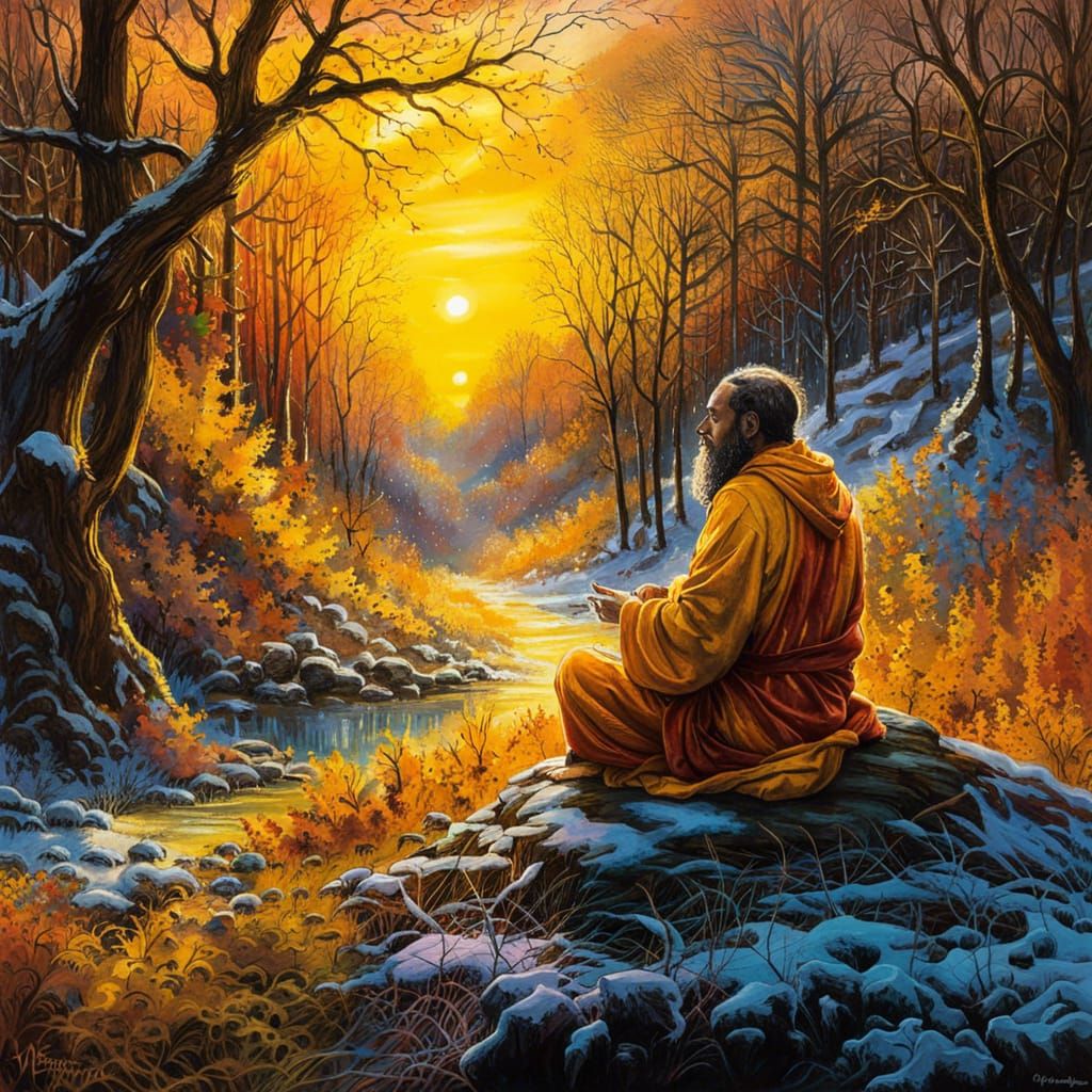 Monk Meditating in Winter Landscape, Tie-Dye Illustration