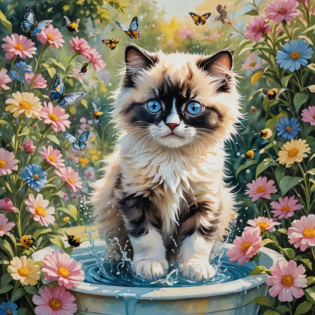 Kitten's Bath: Whimsical Impressionistic Garden Scene