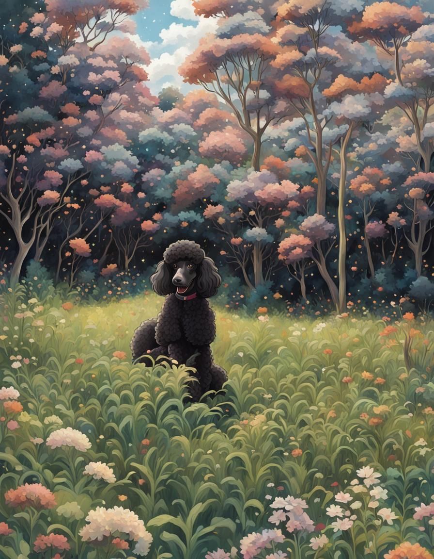 Black Poodle Portrait in Ghibli Style, Stars Hollow