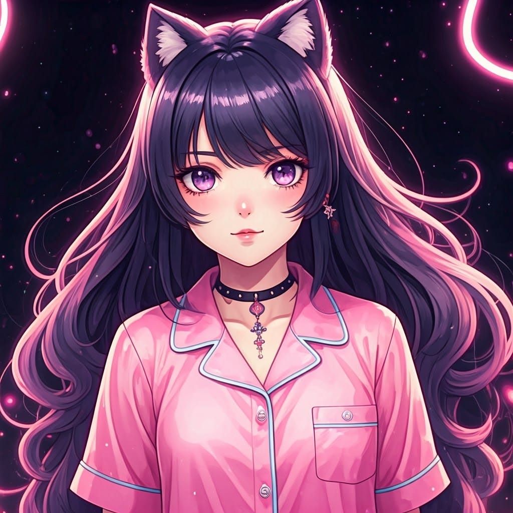 Watercolor Anime Goth in Neon Synthwave Lighting