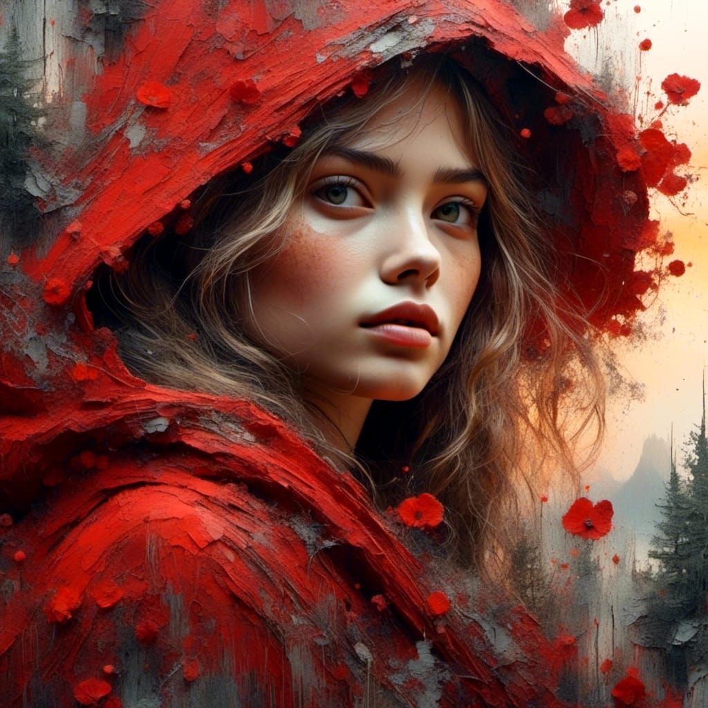 Red Riding Hood Double Exposure Watercolor Sunset