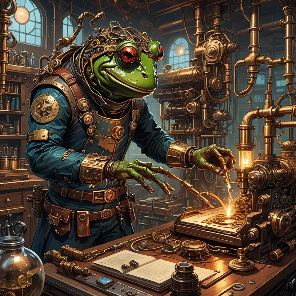 Steampunk Frog Inventor in Laboratory Concept Art