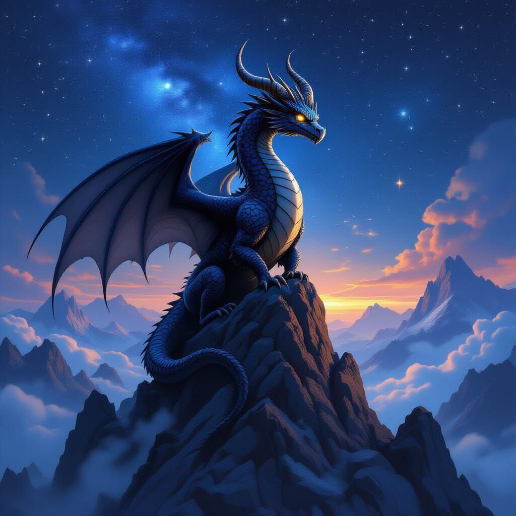 Capricorn Dragon on Mountain Peak in Starry Night