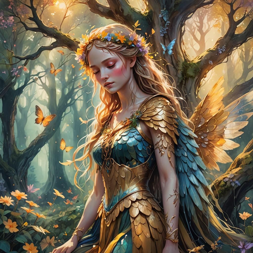 Winged Maiden Weeping in Ethereal Forest: Watercolor Art