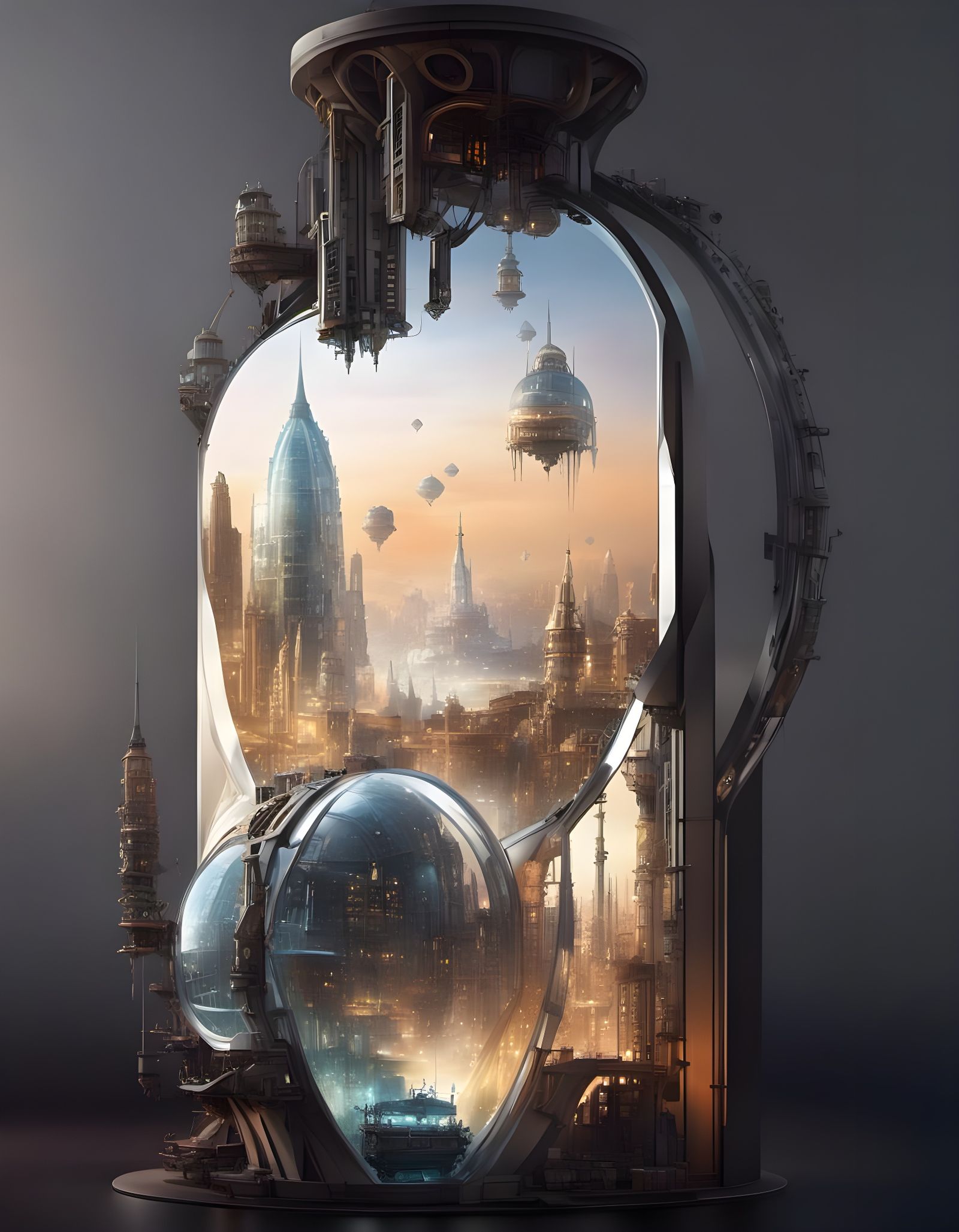 Futuristic Steampunk Cityscape with Refracted Light