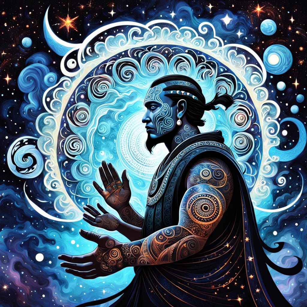 Maori Elder in Cosmic Galaxy: Digital Art