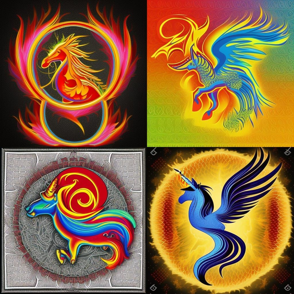 Unicorn Phoenix Logo with Fire Circle in Fractal Style