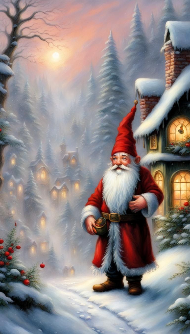 Christmas Gnome in Ethereal, Hyperdetailed Winter Scene