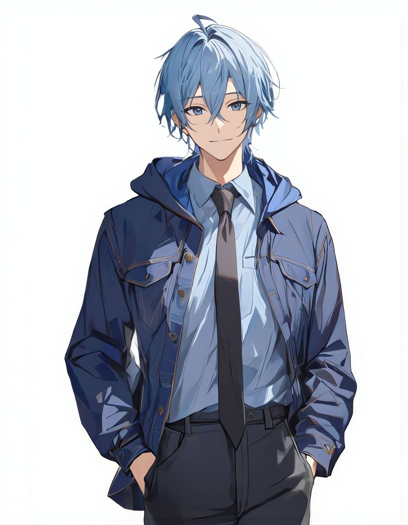 Blue-Haired Man in Jacket Against White Background