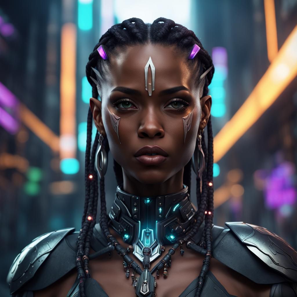 Cyberpunk Portrait: Beautiful Black Female Elf in 8K