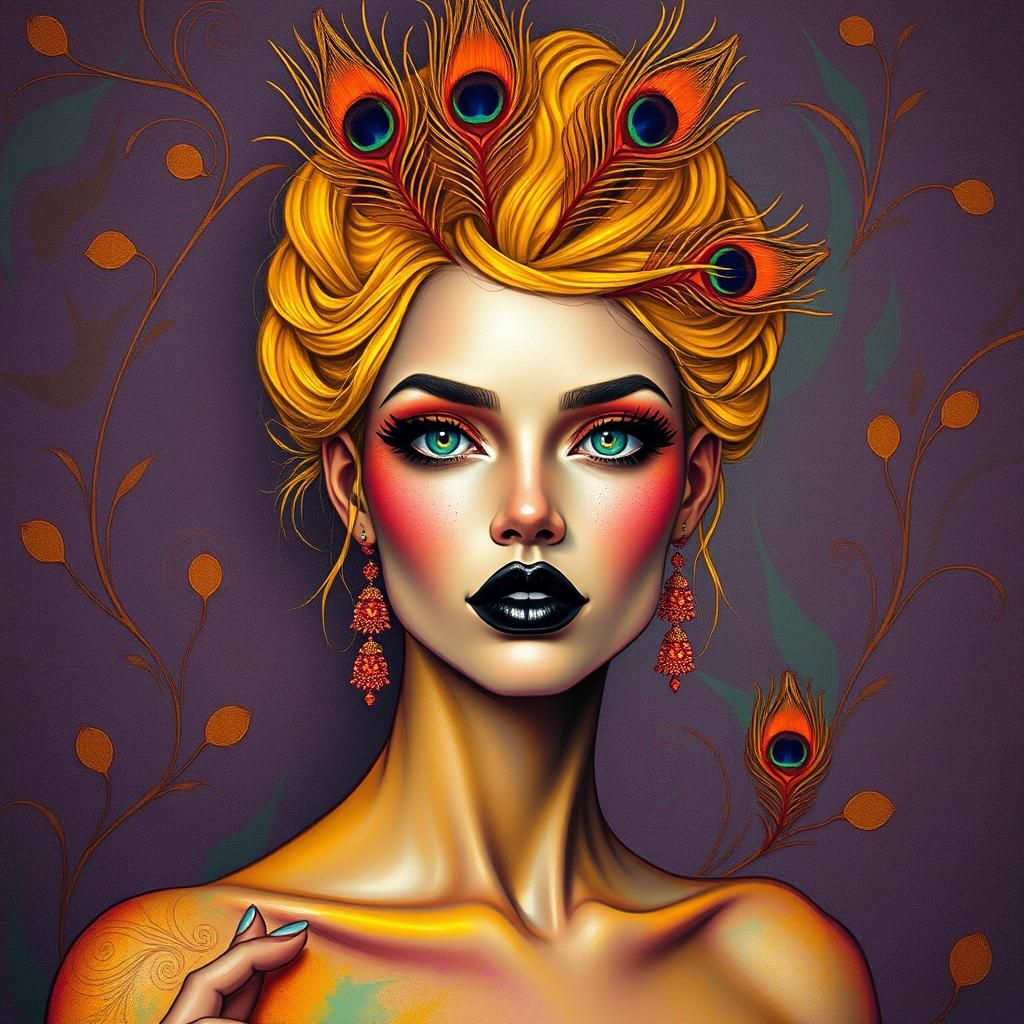 Vibrant Woman with Peacock Feathers, Klimt-Inspired Art