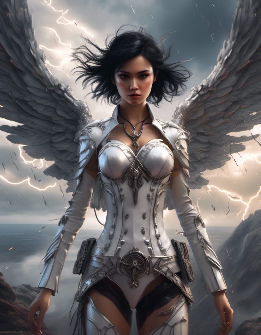 Beautiful female angel, black wings 
short black hair, white leather outfit.  Standing on cliff looking down at soldiers...