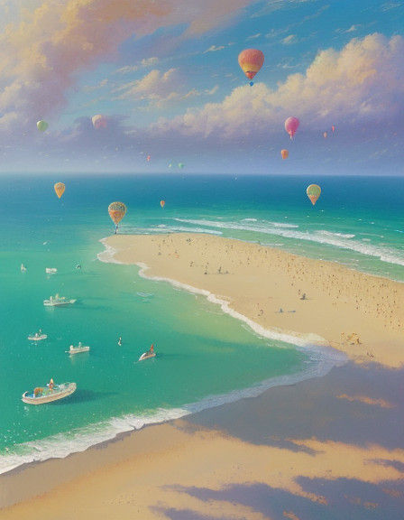Whimsical Beach Scene in Dreamy Oil Painting Style