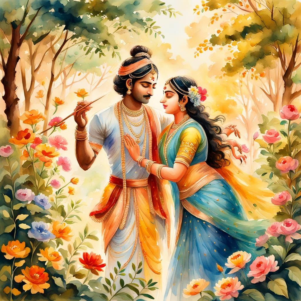 Radha Krishna Watercolor Painting in Raja Ravi Varma Style