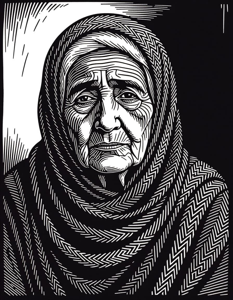 Elderly Palestinian Woman as Embodiment of Wisdom in Woodcut...