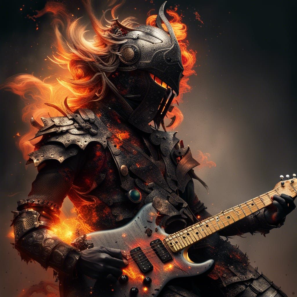 Flaming Knight Shreds Guitar in Fiery Storm