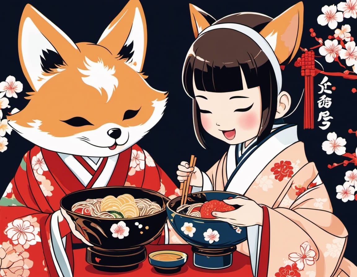 Kitsune and Girl Share Ramen