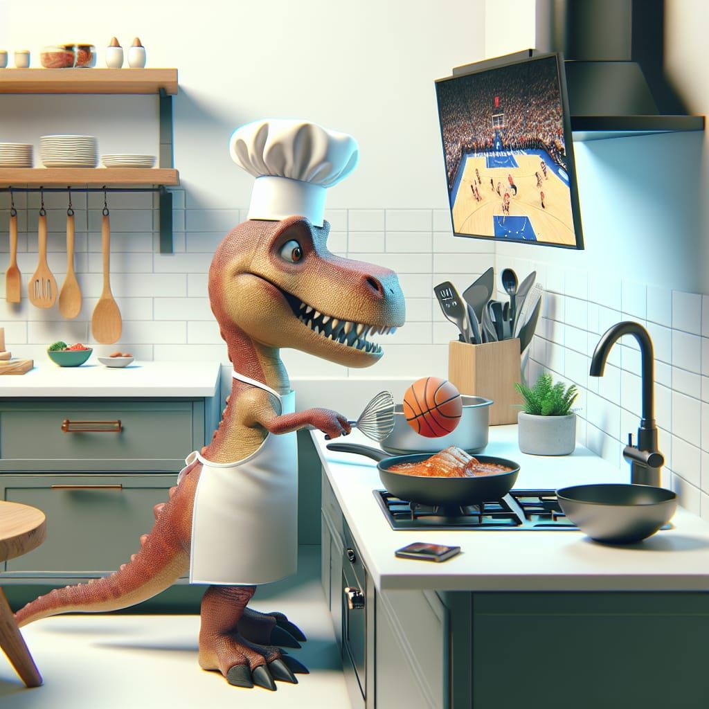 Disney Pixar style 3D cute dinosaur cook, wearing kitchen gl...