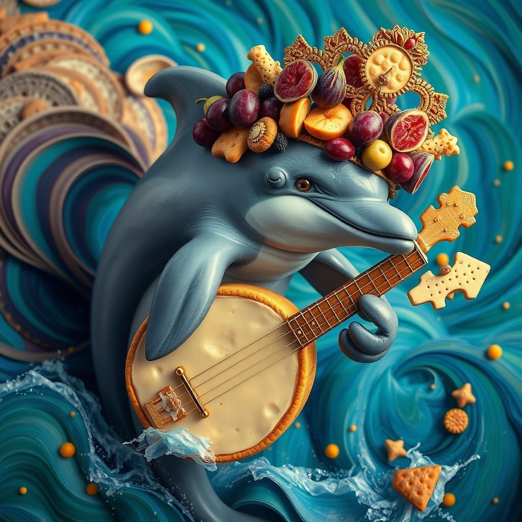 Whimsical Dolphin in Tiara, Strumming Banjo amidst Vibrant D...